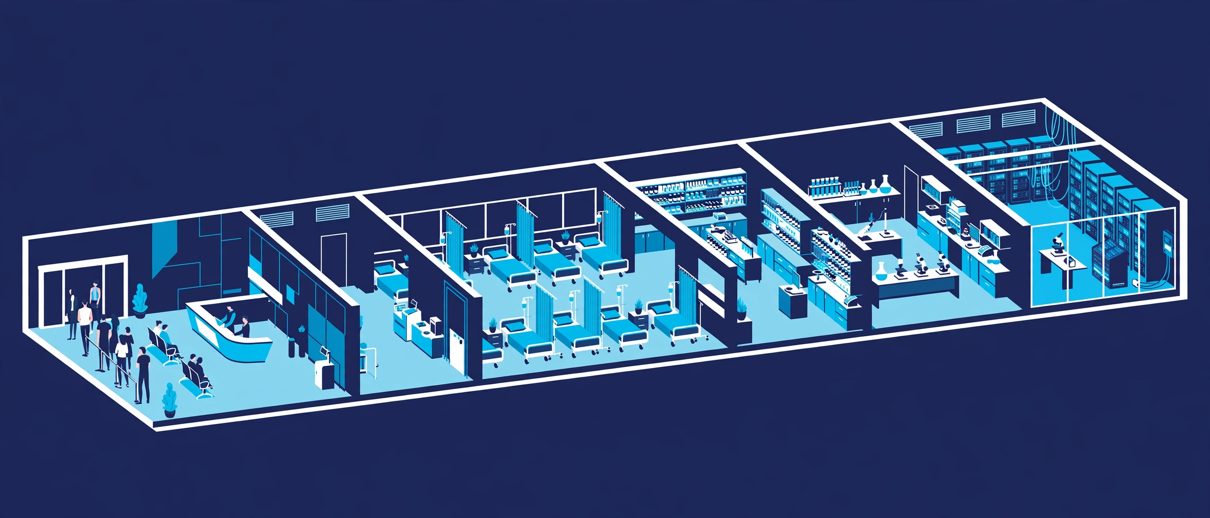 Isometric hospital — every department connected by Quadgic HMS
